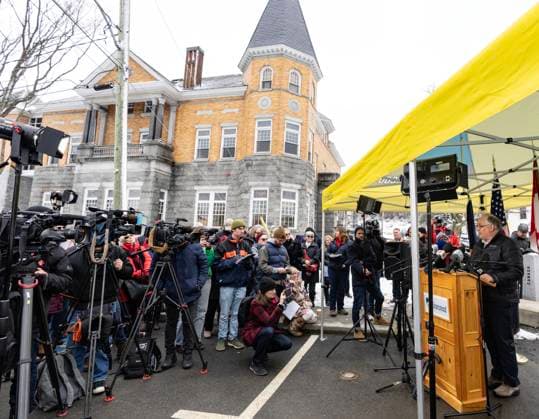 March 21, 2025, Stanstead, Qc, CAN: Mayor of Stanstead, QuebecJody Stone speaks to the media in front of the Haskell Free Library and Opera House in Stanstead on Friday, March 21, 2025. The town of Stanstead says U.S. authorities have unilaterally decided to close the main Canadian access to the Victorian-style library that straddles the border between the two countries. Stanstead CAN  - ZUMAc35_ 20250321_zaf_c35_043 Copyright: xChristinnexMuschix