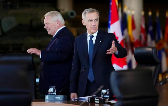 March 21, 2025, Ottawa, Ontario, Canada: Doug Ford, Premier of Ontario, left and Prime Minister Mark Carney arrives to take part in the First Minister Meeting at the National War Museum in Ottawa on Friday, March 21, 2025. Ottawa Canada  - ZUMAc35_ 20250321_zaf_c35_084 Copyright: xSeanxKilpatrickx