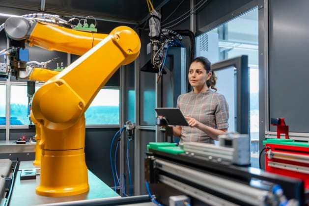 Woman in a production hall with an industrial robot model released, Symbolfoto property released, DIGF23617