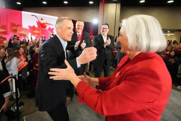 March 23, 2025, St. John s, Nl, CANADA: Liberal Party of Canada Leader Mark Carney is welcomed to the stage by incumbent St. John s East candidate Joanne Thompson as he arrives to his campaign kick-off rally in St. John s, Sunday, March 23, 2025. St. John s CANADA  - ZUMAc35_ 20250323_zaf_c35_076 Copyright: xFrankxGunnx