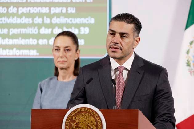 Mexico™s President Claudia Sheinbaum Case Teuchitlan News Conference Mexico s Secretary of Security, Omar Garcia Harfuch, speaks during a press conference where he announced that he presented a report on the case of the Izaguirre ranch linked to organized crime, denounced by relatives of the disappeared at National Palace. on March 24, 2025 in Mexico City, Mexico. (Photo by Luis Barron Eyepix Group) Copyright: xLuisxBarron xEyepixxGroupx LB_24032025_149215