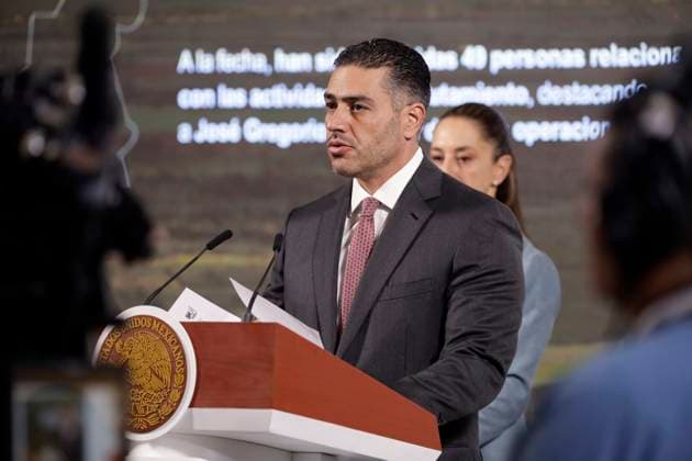 Mexico™s President Claudia Sheinbaum Case Teuchitlan News Conference Mexico s Secretary of Security, Omar Garcia Harfuch, speaks during a press conference where he announced that he presented a report on the case of the Izaguirre ranch linked to organized crime, denounced by relatives of the disappeared at National Palace. on March 24, 2025 in Mexico City, Mexico. (Photo by Luis Barron Eyepix Group) Copyright: xLuisxBarron xEyepixxGroupx LB_24032025_149217