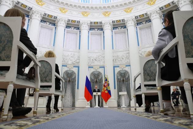 RUSSIA, MOSCOW - MARCH 25, 2025: Russia s President Vladimir Putin speaks during a ceremony in the Kremlin to present Russian Presidential Prizes in Culture, Literature and Art for Year 2024 to young professionals for their works aimed at children and youth. Sergei Savostyanov TASS  79356000