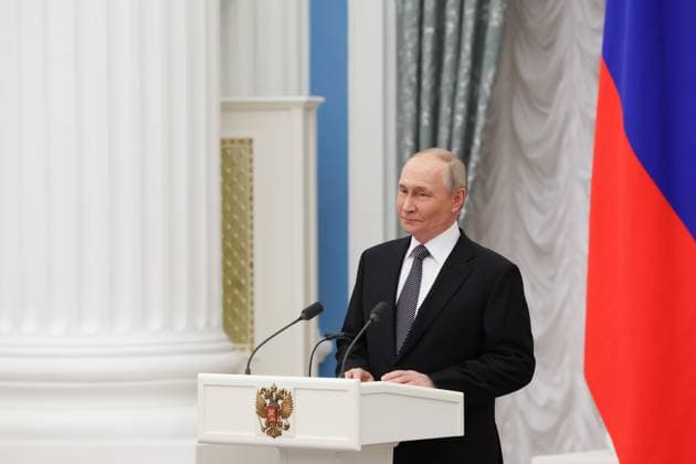 RUSSIA, MOSCOW - MARCH 25, 2025: Russia s President Vladimir Putin speaks during a ceremony in the Kremlin to present Russian Presidential Prizes in Culture, Literature and Art for Year 2024 to young professionals for their works aimed at children and youth. Sergei Savostyanov TASS  79356942