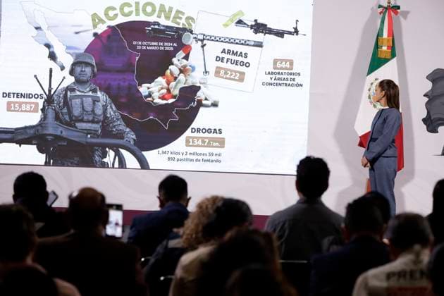 Mexican President Claudia Sheinbaum Pardo, speaks during the Security Cabinets bi weekly report at a press conference at the National Palace. on March 25, 2025 in Mexico City, Mexico. Mexico City Mexico - ZUMAe321 20250325_zia_e321_020 Copyright: xLuisxBarronx