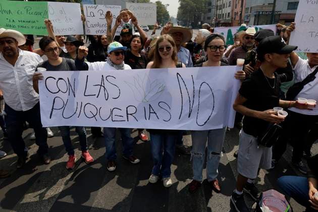 Pulquerias Protest Closure Of Pulquerias In Mexico City Pulqueras and pulqueros protest outside the La Paloma Azul pulqueria in Mexico City, Mexico, on March 25, 2025, after authorities order the closure of the establishment, in addition to the closure of other pulquerias in the capital. Those affected claim that the measure is applied indiscriminately, affecting businesses that, in many cases, operate legally and have years of tradition in the city. Mexico City Mexico City Mexico  Copyright: xGerardoxVieyrax originalFilename: vieyra-notitle250325_npCbs.jpg