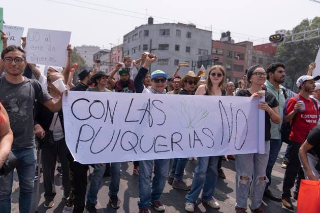 Protest against the closure of pulquerias in Mexico - 25 Mar 2025 Demonstrators close an avenue during a protest against the closure of the Paloma Azul pulqueria. Pulque workers held a protest to demand that the Administrative Verification Institute (INVEA) stop the closure of pulquerias in Mexico City, such as Paloma Azul. This year, up to 15 pulquer’as have been closed. Mexico Mexico Copyright: xGuillermoxDiazx xSOPAxImagesx _DSC4938