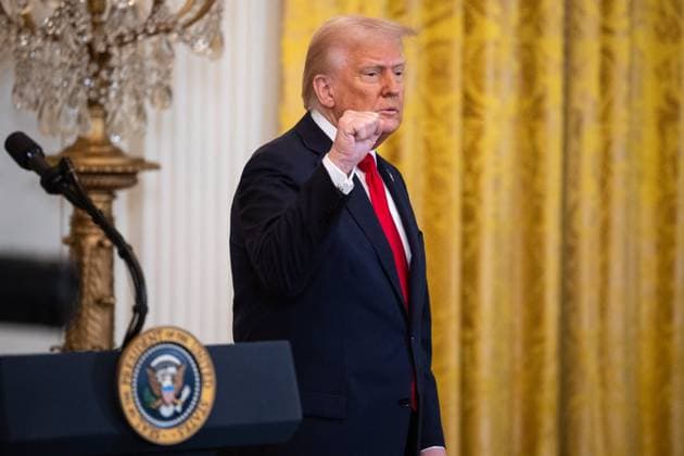 White House President Donald Trump raises his fist at the end of a Women s History Month event at the White House March 26, 2025. (Francis Chung POLITICO) Washington District of Columbia United States  Copyright: xPool ABACAx