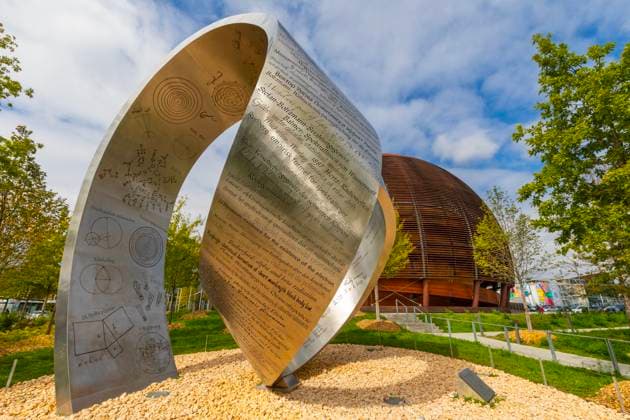CERN, Wandering the Immeasurable, steel structure, Globe of Science and Innovation in background, Geneva, Switzerland Copyright: JohnxGuidi 1237-846