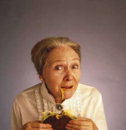 Oma sabbert beim Essen, Ältere Frau ißt humorvoll ein Sandwich mit Käse, der ihr aus dem Mund tropft, Ältere Frau ißt humorvoll ein Sandwich mit Senf im Gesicht, lustig Oma sabbert beim Essen, Elderly woman humorously eating a sandwich with cheese dripping from her mouth, Elderly woman humorously eating a sandwich with mustard on her face, funny Copyright: imageBROKER StanxFellerman ibxsnf12960927.jpg