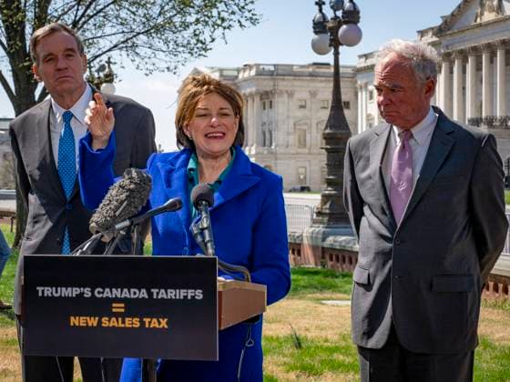 April 1, 2025, Washington, District Of Columbia, USA: Senators MARK WARNER (D-VA), AMY KLOBUCHAR (D-MN) and TIM KAINE (D-VA) speak out against President Trumps Canadian tariffs, calling them a new form of sales tax that will harm the United States economy. Washington USA - ZUMAd155 20250401_znp_d155_008 Copyright: xSuexDorfmanx
