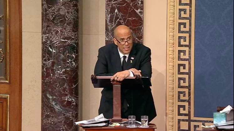 News Themen der Woche KW14 April 1, 2025, Washington, District Of Columbia, USA: In this image from United States Senate television, United States Senator Cory Booker (Democrat of New Jersey) speaks during a marathon address from the floor in the US Senate in the US Capitol in Washington, DC on Tuesday, April 1, 2025..Mandatory Credit: Washington USA - ZUMAs152 20250401_faa_s152_001 Copyright: xUSxSenatexTVxviaxCNPx