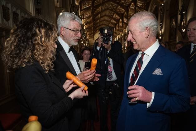 Royal community music reception King Charles III speaks with members of the London Vegetable Orchestra during a reception to recognise those involved in community music across the UK, at Windsor Castle in Berkshire. The 350 guests include leaders of community music groups and music-related projects, many of whom are volunteers., Credit:Aaron Chown Avalon UK, Windsor  Copyright: xAaronxChownx xAvalonx 0983026847