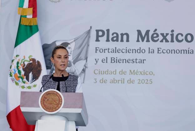 Claudia Sheinbaum, President Of Mexico, Presented Plan Mexico To Mitigate Donald Trump s Tariff Imposition Claudia Sheinbaum, President of Mexico, presents Plan Mexico to mitigate Donald Trump s tariffs at the National Museum of Anthropology in Mexico City, Mexico, on April 3, 2025. Mexico City Mexico  Copyright: xGerardoxVieyrax originalFilename: vieyra-notitle250403_npij3.jpg