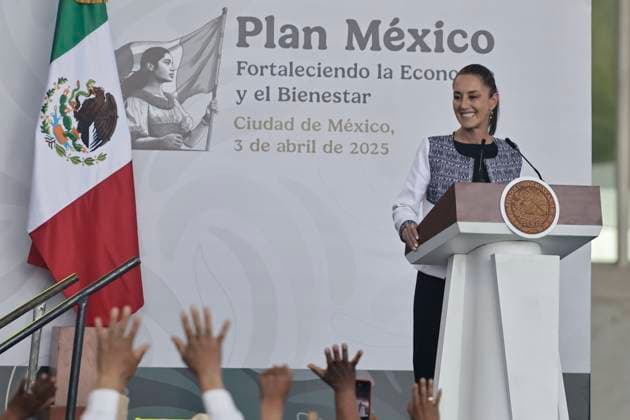 April 3, 2025, Mexico City, Mexico: At the Museum of Anthropology and History in Mexico City, President CLAUDIA SHEINBAUM announced the strengthening of Plan Mexico, one day after US President Trump announced the implementation of Global Tariffs. The plan will strengthen the national economy with the support of business leaders, she said. Mexico City Mexico - ZUMAp204 20250403_zip_p204_018 Copyright: xJosuexPerezx