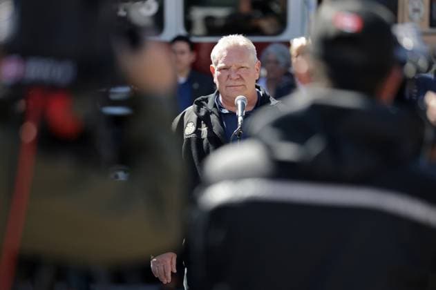 April 4, 2025, Orillia, On, Canada: Ontario Premiere Doug Ford speaks to media at the Storm Command Centre in Orillia, Ont. on Friday April 4, 2025. He arrived to inspect the damages from the ice storm and thank front-line volunteers and workers. Orillia Canada  - ZUMAc35_ 20250404_zaf_c35_018 Copyright: xChristopherxDrostx