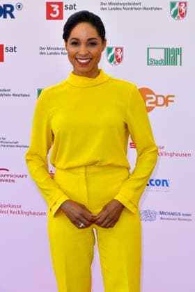 Jana Pareigis ZDF Heute presenter all in yellow as a guest at the 61 Grimme Award ceremony on 04 04 2025 in Marl NRW Germany