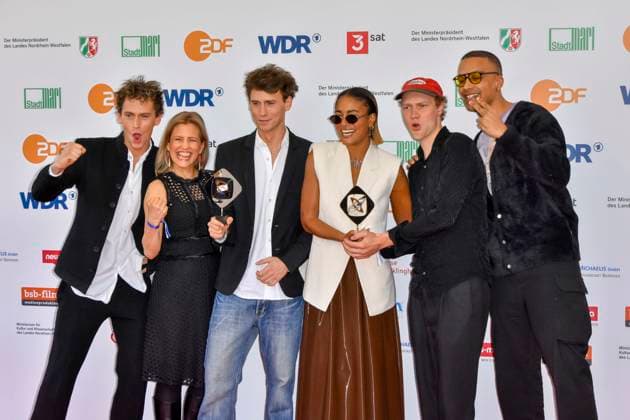 Larissa Sirah Herden, Oskar Belton, Emil Belton, Bruno Alexander, Ina Christina Kersten , Player of Ibiza Award winners as guests at the 61 Grimme Award ceremony on 04 04 2025 in Marl NRW Germany