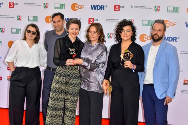 Bahar Bektas, Tobias Carlsberg, Arash Asadi, Antonia Kilian, Meret Madörin, Exile Never Ends Award winners as guests at the 61 Grimme Award ceremony on 04 04 2025 in Marl NRW Germany