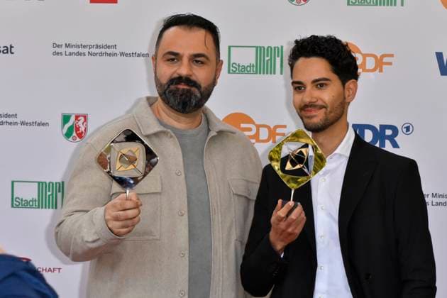 Bilal Bahadir, Cagdas Eren Yueksel Uncivilized award winners as guests at the award ceremony of the 61 Grimme Prize on 04 04 2025 in Marl NRW Germany