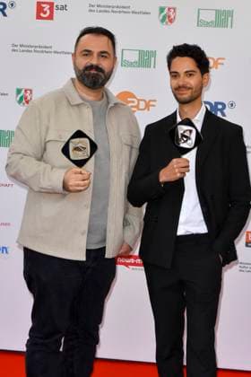Bilal Bahadir, Cagdas Eren Yueksel Uncivilized award winners as guests at the award ceremony of the 61 Grimme Prize on 04 04 2025 in Marl NRW Germany