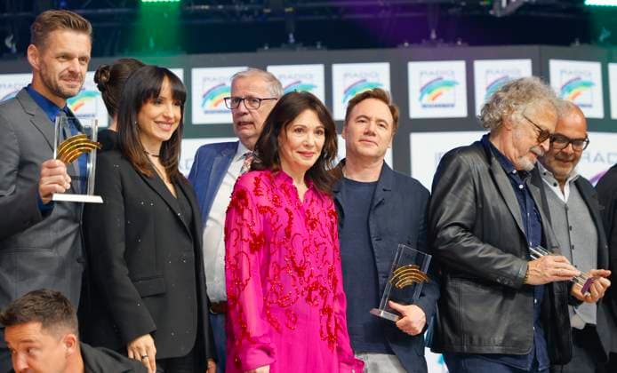 Rust, Germany April 04, 2025 The 25th Radio Regenbogen Award at Europa Park with Actress Iris Berben m , Florian Schroeder, Stephanie Stumph, Guenther Jauch, Michael Bully Herbig, Wolfgang Niedecken, Hannes Ringlstetter 25th Radio Regenbogen Award at Europa Park
