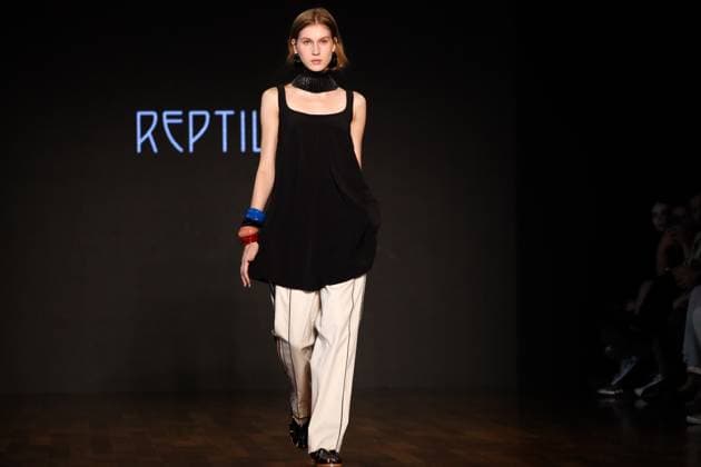 Model on the runway for Reptilia during the 59th edition of Sao Paulo Fashion Week, Model on the runway for Reptilia during the 59th edition of Sao Paulo Fashion Week, held at Shopping JK Iguatemi, in the west zone of Sao Paulo. SoO PAULO SP BRAZIL Copyright: xMarinaxUezimax