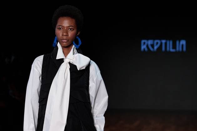 Model on the runway for Reptilia during the 59th edition of Sao Paulo Fashion Week, Model on the runway for Reptilia during the 59th edition of Sao Paulo Fashion Week, held at Shopping JK Iguatemi, in the west zone of Sao Paulo. SoO PAULO SP BRAZIL Copyright: xCicaxNederx