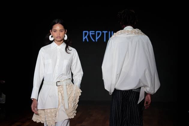 Model on the runway for Reptilia during the 59th edition of Sao Paulo Fashion Week, Model on the runway for Reptilia during the 59th edition of Sao Paulo Fashion Week, held at Shopping JK Iguatemi, in the west zone of Sao Paulo. SoO PAULO SP BRAZIL Copyright: xCicaxNederx