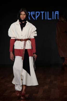 Model on the runway for Reptilia during the 59th edition of Sao Paulo Fashion Week, Model on the runway for Reptilia during the 59th edition of Sao Paulo Fashion Week, held at Shopping JK Iguatemi, in the west zone of Sao Paulo. SoO PAULO SP BRAZIL Copyright: xCicaxNederx