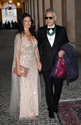 State Banquet For Charles III And Camilla - Rome Andrea Bocelli and wife Veronica Bocelli arrive at a State Banquet at Quirinale presidential Palace during day three of King Charles III And Queen Camilla of England State Visit in Rome, Italy, on April 9, 2025 . Photo: Eric Vandeville ABACAPRESS.COM Rome Italy  Copyright: xVandevillexEric ABACAx