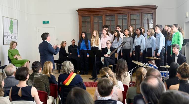 Queen Mathilde visits the Academy of Music and the Spoken Word in Waterloo WATERLOO, BELGIUM - APRIL 11 : Queen Mathilde visits the Academy of Music and the Spoken Word in Waterloo, a few weeks before the start of the 21st Queen Elisabeth Piano Competition (05-31 05) on April 11, 2025 in Waterloo, Belgium, 11 04 2025 Waterloo Belgium  Copyright: xDidierxLebrunx