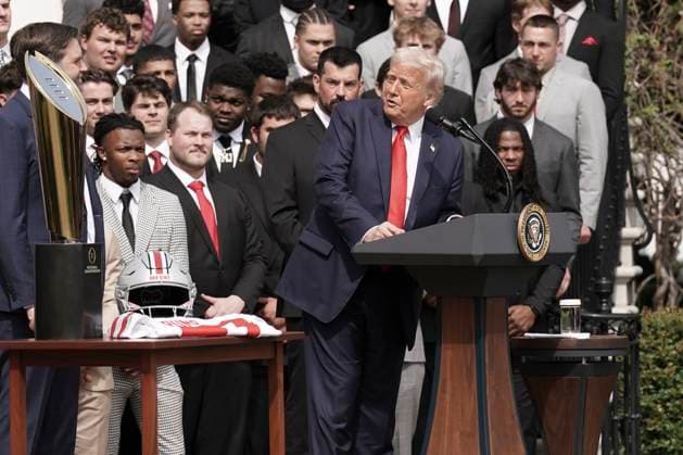 President Trump is visited by the 2025 College Football National Champions - The Ohio State University on the South Lawn of the White House in Washington, DC on Monday, April 14, 2025.  WAS20250414563 KenxCedeno
