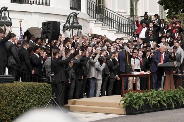 President Trump is visited by the 2025 College Football National Champions - The Ohio State University on the South Lawn of the White House in Washington, DC on Monday, April 14, 2025.  WAS20250414564 KenxCedeno