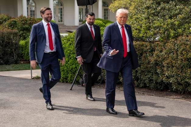 U.S. President Donald Trump, Vice President JD Vance and Ohio State University Head coach Ryan Day, center, arrive to welcome the 2025 College Football National Champions, Ohio State University on the South Lawn of the White House in Washington, DC on Monday, April 14, 2025.  WAS20250414292 KenxCedeno