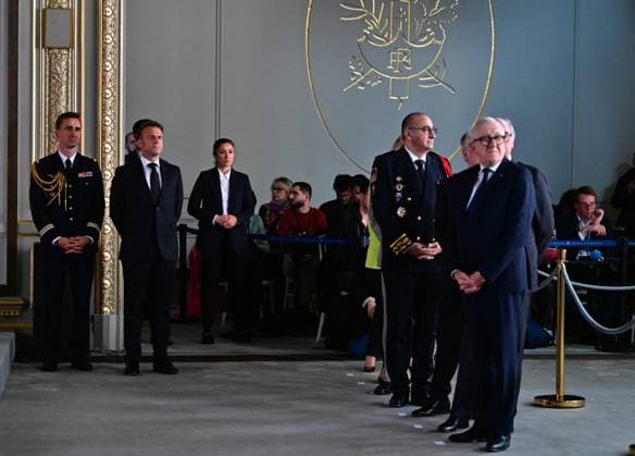 French President Emmanuel Macron during an award ceremony in honor of craftspeople and officials who contributed to the restoration of Notre Dame Cathedral at the Elysee Palace in Paris French President Emmanuel Macron during an award ceremony in honor of craftspeople and officials who contributed to the restoration of Notre Dame Cathedral at the Elysee Palace in Paris French President Emmanuel Macron during an award ceremony in honor of craftspeople and officials who contributed to the restoration of Notre Dame Cathedral at the Elysee Palace in Paris French President Emmanuel Macron during an award ceremony in honor of craftspeople and officials who contributed to the restoration of Notre Dame Cathedral at the Elysee Palace in Paris, Fran  Copyright: xChristianxLiewigx xBestimagexChristianxLiewigx xBestimagex