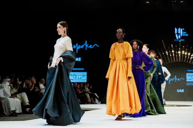 First runaway of Modest Fashion Week in Abu Dhabi, UAE - 14 Apr 2025 Models from Bespoken walk the runway during the event. Designers Haba (Qatar), Antonella Bravi (Italy), Afrik Abaya (Nigeria), Tug Fashion (Turkey), Bespoken Atelier (UAE), first runaway of the first day of Abu Dhabi Modest Fashion Week 2025 from (14-16 April), organized by Think Fashion at St. Regis Saadiyat Island Resort. Abu Dhabi United Arab Emirates Copyright: xValeriaxFerrarox xSOPAxImagesx FerraroValeria_14042025_First runaway of Modest Fashion Week in Abu Dhabi (14 April)_12