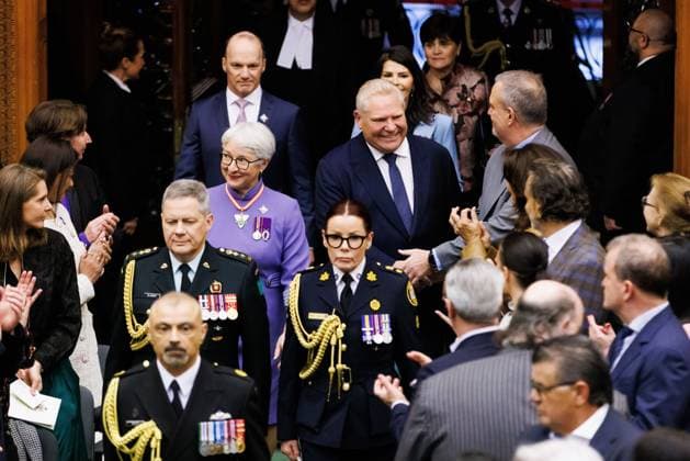 April 15, 2025, Toronto, On, CANADA: Ontario Lt.-Gov. Edith Dumont, centre left, arrives alongside Ontario Premier Doug Ford ahead of speech from the throne at Queen s Park in Toronto on Tuesday, April 15, 2025. Toronto CANADA  - ZUMAc35_ 20250415_zaf_c35_029 Copyright: xColexBurstonx