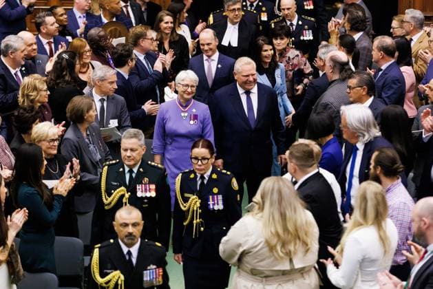 April 15, 2025, Toronto, On, CANADA: Ontario Lt.-Gov. Edith Dumont, centre left, arrives alongside Ontario Premier Doug Ford ahead of speech from the throne at Queen s Park in Toronto on Tuesday, April 15, 2025. Toronto CANADA  - ZUMAc35_ 20250415_zaf_c35_030 Copyright: xColexBurstonx