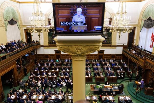 April 15, 2025, Toronto, On, CANADA: Seen on a TV screen, Ontario Lt.-Gov. Edith Dumont delivers her speech from the throne at Queen s Park in Toronto on Tuesday, April 15, 2025. Toronto CANADA  - ZUMAc35_ 20250415_zaf_c35_043 Copyright: xColexBurstonx