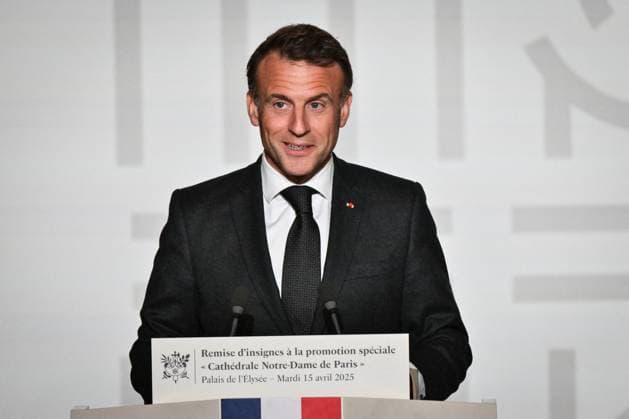 Emmanuel Macron awards those involved in Notre Dame de Paris Cathedral restorations - FA French President Emmanuel Macron delivers a speech before awarding those involved in the restorations of Notre-Dame de Paris Cathedral at the Elysee Palace in Paris on April 15, 2025. Photo by Firas Abdullah ABACAPRESS.COM Paris Ile-de-France France  Copyright: xAbdullahxFiras ABACAx
