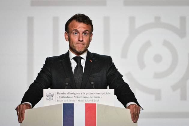 Emmanuel Macron awards those involved in Notre Dame de Paris Cathedral restorations - FA French President Emmanuel Macron delivers a speech before awarding those involved in the restorations of Notre-Dame de Paris Cathedral at the Elysee Palace in Paris on April 15, 2025. Photo by Firas Abdullah ABACAPRESS.COM Paris Ile-de-France France  Copyright: xAbdullahxFiras ABACAx