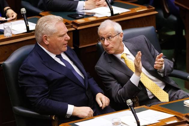 April 15, 2025, Toronto, On, CANADA: Ontario Premier Doug Ford, and MPP Vic Fedeli listen as Ontario Lt.-Gov. Edith Dumont, delivers her speech from the throne at Queen s Park in Toronto on Tuesday, April 15, 2025. Toronto CANADA  - ZUMAc35_ 20250415_zaf_c35_059 Copyright: xColexBurstonx