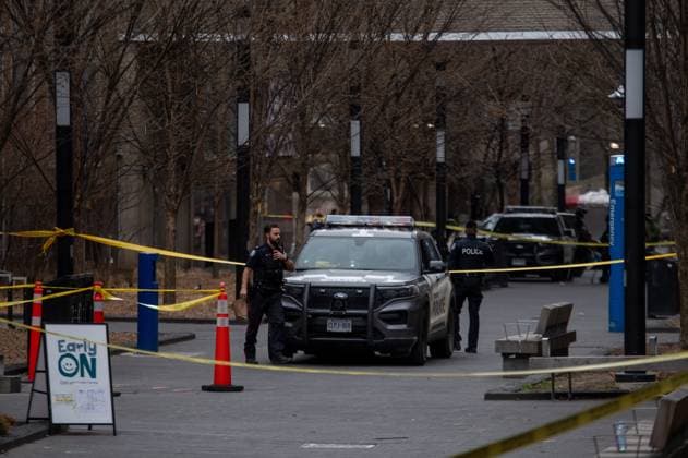 April 15, 2025, Toronto, On, Canada: Nelson Mandela Walk, where a car struck pedestrians on the Toronto Metropolitan University campus, is pictured in Toronto, on Tuesday, April 15, 2025. Toronto Canada  - ZUMAc35_ 20250415_zaf_c35_076 Copyright: xLauraxProctorx