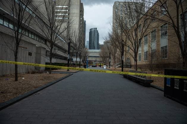 April 15, 2025, Toronto, On, Canada: Nelson Mandela Walk, where a car struck pedestrians on the Toronto Metropolitan University campus, is pictured in Toronto, on Tuesday, April 15, 2025. Toronto Canada  - ZUMAc35_ 20250415_zaf_c35_079 Copyright: xLauraxProctorx