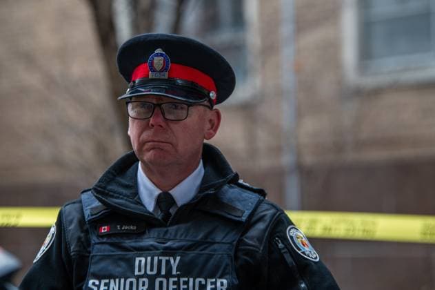 April 15, 2025, Toronto, On, Canada: Toronto Police Duty Inspector Todd Jocko speaks to media at Nelson Mandela Walk, where a car struck pedestrians on the Toronto Metropolitan University campus, in Toronto, on Tuesday, April 15, 2025. Toronto Canada  - ZUMAc35_ 20250415_zaf_c35_084 Copyright: xLauraxProctorx