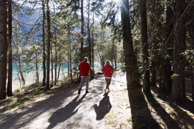 Senior couple walking forest path by Lago di Anterselva Anterselva di Sopra, Trentino-Alto Adige, Italy CR_MGTP250415-1625082-01 ,model released, Symbolfoto