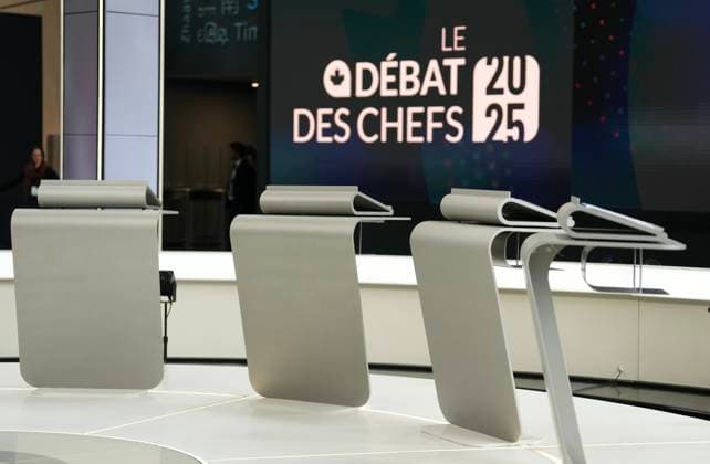 April 16, 2025, Montreal, Pq, Canada: The set of the French-language federal leaders debate is seen ahead of the debate, in Montreal, Wednesday, April 16, 2025. Montreal Canada  - ZUMAc35_ 20250416_zaf_c35_073 Copyright: xSeanxKilpatrickx