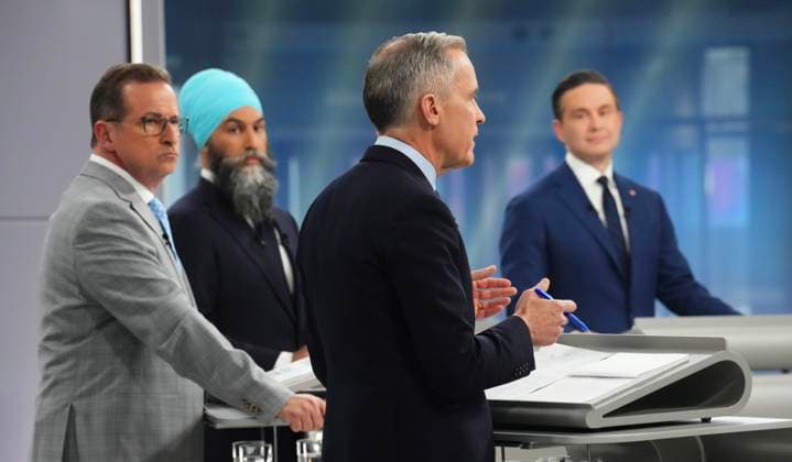 April 16, 2025, Montreal, Pq, Canada: Bloc Quebecois Leader Yves-Francois Blanchet, New Democratic Party Leader Jagmeet Singh and Conservative Leader Pierre Poilievre listen to Liberal leader Mark Carney speak during the French-language federal leaders debate, in Montreal, Wednesday, April 16, 2025. Montreal Canada  - ZUMAc35_ 20250416_zaf_c35_127 Copyright: xSeanxKilpatrickx