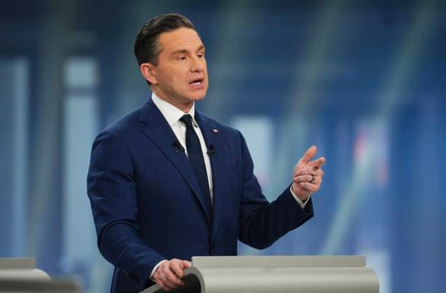 April 16, 2025, Montreal, Pq, Canada: Conservative Leader Pierre Poilievre makes a point as he ..participates in the French-language federal leaders debate, in Montreal, Wednesday, April 16, 2025. Montreal Canada  - ZUMAc35_ 20250416_zaf_c35_128 Copyright: xSeanxKilpatrickx